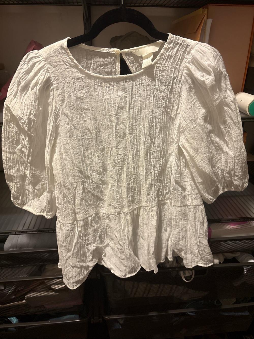 H&M White Crinkle Peasant Blouse with Puff Sleeves